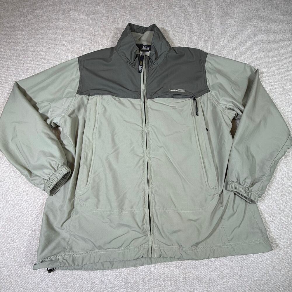 REI Women XL Gray Cream Zip Front Ripstop Nylon Wind Rain Jacket Shell Outdoor